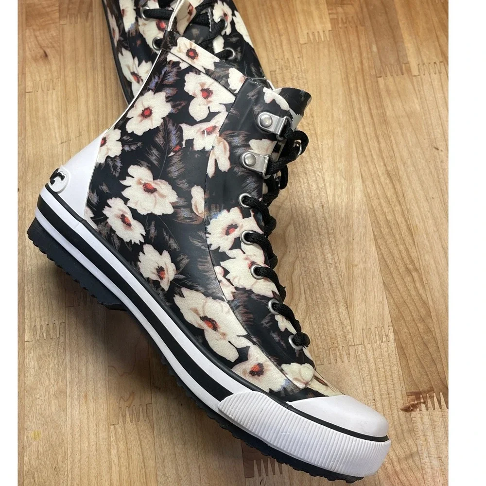 Rocket Dog Floral Rain Boots Black White High Top Sneaker Boot Women 8.5